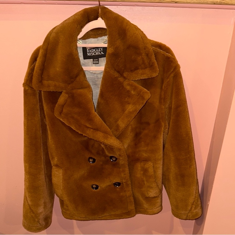 Badgley Mischka Brown Teddy Jacket Plush Faux Fur
